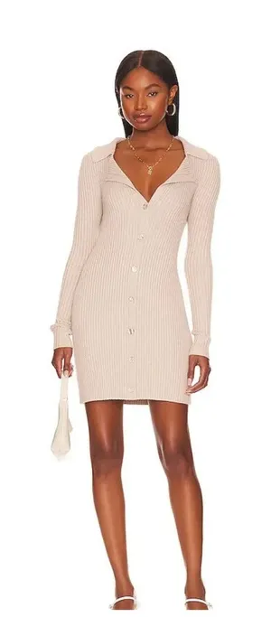 LPA Naolin Taupe Rib Knit Open Back Collared Bodycon Mini Dress‎ Size Medium thumbnail 1