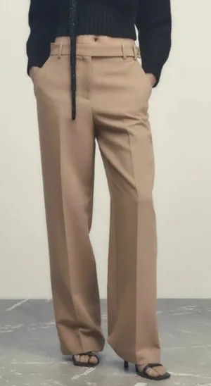 Zara High Waist Wide Leg Work Trouser Pants in Camel Brown Tan Office Size S NWT thumbnail 1