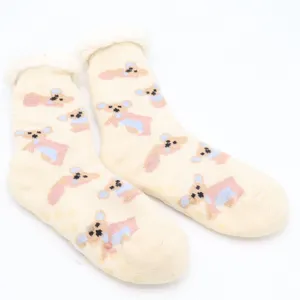 Cream Mouse Print Sherpa Lined Slipper Socks Non-Slip Gripper One Size thumbnail 1