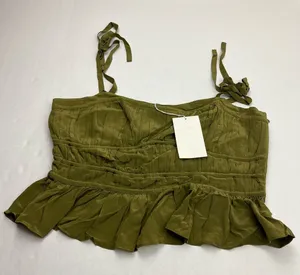 Ulla Johnson Nora Tie Shoulder‎ Silk Peplum Top Size 12 Olive Green Milkmaid NEW thumbnail 1