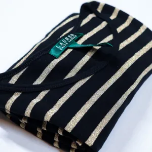 Lauren‎ Ralph Lauren Top Womens Large Black Gold Metallic Striped Long Sleeve L thumbnail 6