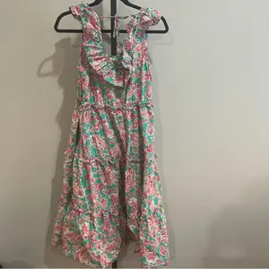 J. Crew Printed Floral Ruffled Tiered Midi Dress Pockets Green & Pink Size‎ 12 thumbnail 4
