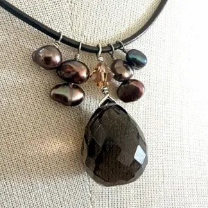 Handcrafted Sterling Silver Smoky Quartz & Peacock Pearl Leather Cord Necklace thumbnail 2