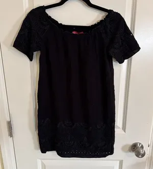 Saks Fifth Avenue Women XS Dress Black Rayon Eyelet Off Shoulder Short Sleeve thumbnail 1