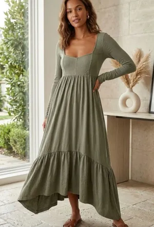 Anthropologie Olive Green Long Sleeve Tiered Maxi Dress thumbnail 1