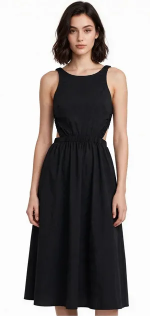 Moon River XS Black Cutout Midi Dress Sleeveless Elastic Waist Minimalist thumbnail 1