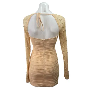 Oh Polly Orange Beaded Long Sleeve Open Back Ruched Mini Bodycon Dress Size S thumbnail 3