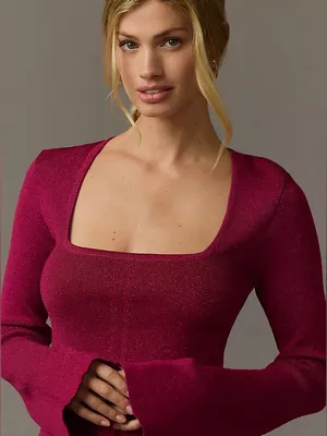 Maeve by Anthropologie‎ NWT Square Neck Bell Sleeve Sweater Raspberry Sparkle M thumbnail 8