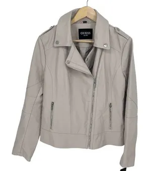Guess Womens Asymmetric Full Zip Faux Leather Moto Jacket Stone Gray Size XL NWT thumbnail 1