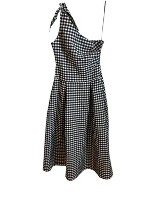By Anthropologie One-Shoulder Black White Gingham Midi Dress XXS thumbnail 4