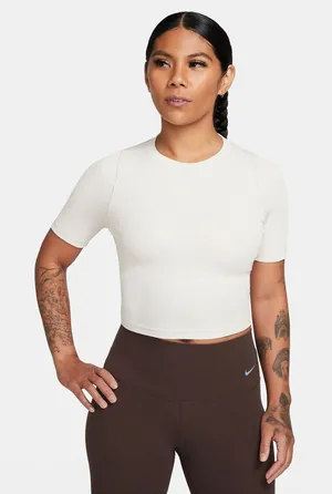 Nike Zenvy Rib Women's Short-Sleeve Cropped Top XS Light Orewood Brown/White thumbnail 1