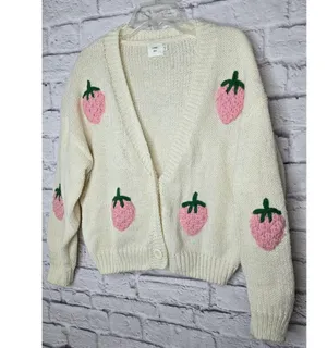 Luna Ivy Oversized Cream Strawberry Knit Cardigan Sweater Womens Medium Preppy thumbnail 4