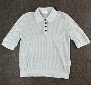 Madewell Womens Light Blue Linen Blend Ribbed Short Sleeve Polo Sweater Size M thumbnail 1