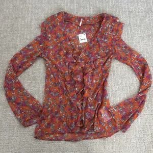 NEW NWT Free People nina printed top in tulip ditsy orange floral bell sleeve thumbnail 5