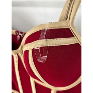 BLASHE Bodycon Dress Sz Small Burgundy Tan Bustier Bandage Spaghetti Straps Sexy thumbnail 13