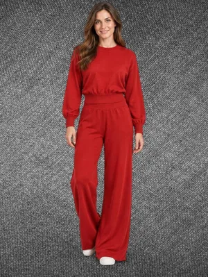 FMB Red Knit Crop Top Wide Leg Pants Set Size S thumbnail 2