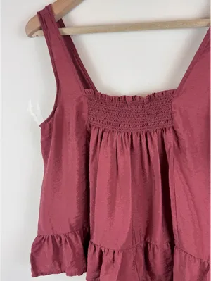 Maeve Anthropologie Smocked Ruffle Hem Swing Tank Top Burgundy Mauve Size M thumbnail 5