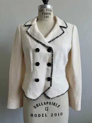 Tahari Womens Wool Blazer Cream Black Contrast Stitch Size 4 Vintage thumbnail 1