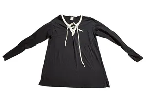 Victoria's Secret PINK Lace Up Long Sleeve Shirt Top Black White Dog Logo M thumbnail 1
