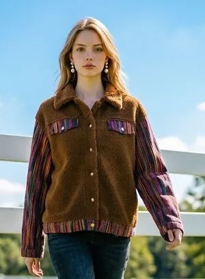 Southern Grace Womens Brown‎ Sherpa Jacket Striped Knit Sleeves Western Boho L thumbnail 1