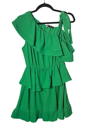 Zara Dress M Green One Shoulder Tiered Ruffle Mini Romantic Tropical Vacation thumbnail 1