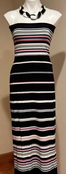 White House Black Market strapless Black Multi Color Stripes Slits Both Side SZ thumbnail 1