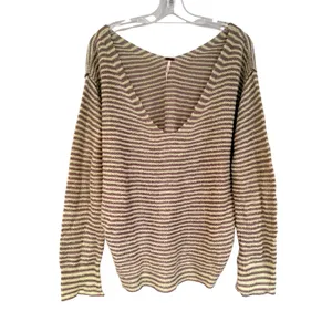 Free People Bumblebee V-Neck Striped Sweater‎ Women's L Green Gray Boho Hippie thumbnail 4