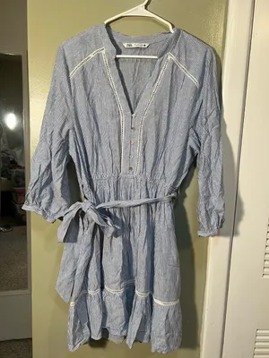 Zara Women's Size Large Mini Shirt Dress Blue White Stripes Crochet Belted Linen thumbnail 4