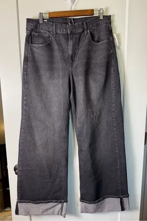 NWT GAP High Rise Stride Wide‎ Leg Jean Cuffed Baggy Black Grey Stretch 12/31R thumbnail 1