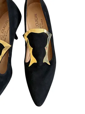 CHARLES JOURDAN Vintage Black Gold Suede Heels Size 6.5 NEW NWOB thumbnail 2