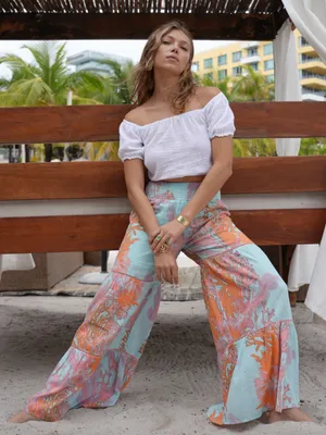 Debbie Katz Tala Pant Sea, Boho Wide-Leg Tiered Pants in Aqua & Coral - L thumbnail 2