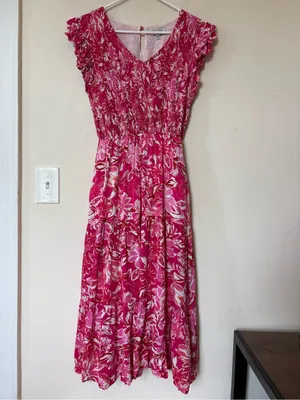 HAYDEN LA Tropical Floral Smocked Ruffled Midi Tank Dress Pink Sz Large thumbnail 3