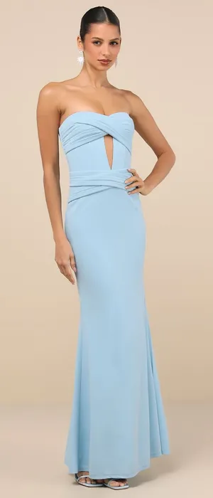 NWT Lulus Elegant Finesse Pleated Cutout Strapless Bodice Maxi Dress S Blue thumbnail 1