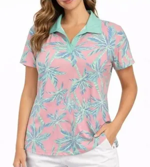Ana Clare Active Mer Top Pink Paradise Palm Print UPF 50 Golf Polo Shirt‎ Size L thumbnail 1