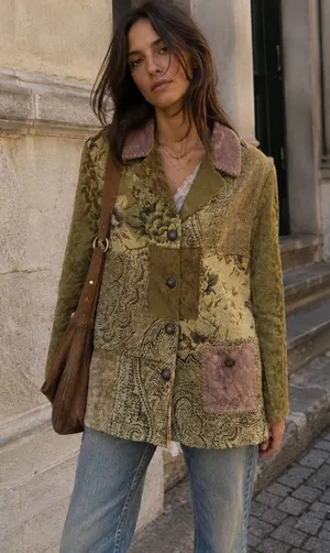 Vintage Y2K Boho Patchwork Tapestry Carpet Jacket Suede Collar Made in USA thumbnail 1