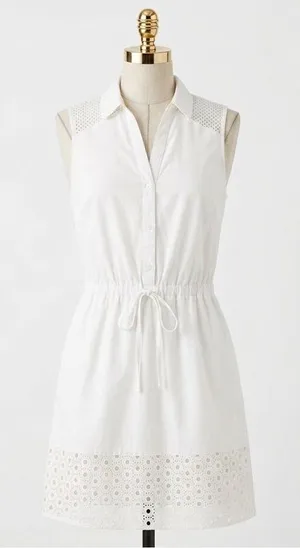 Elle White Eyelet Cotton Shirtdress Sleeveless Button Down Drawstring‎ Mini Sz S thumbnail 1