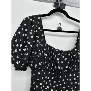 Lulus Black Floral Milkmaid Jumpsuit Sz M Puff Sleeve Wide‎ Leg Square Neck thumbnail 5
