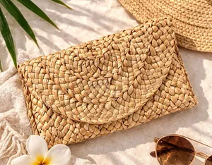Handmade Straw Clutch Handwoven Purse Boho Coastal Beach Resort Woven Festival Bag thumbnail 1