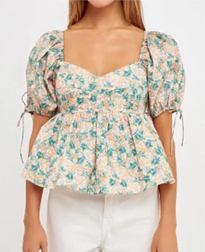 English Factory Women's Floral Puff Sleeve Top Teal, Orange & Cream size Large thumbnail 1