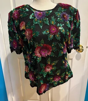 Vintage Laurence Kazar 80s floral beaded sequined silk top black sz XL L thumbnail 1