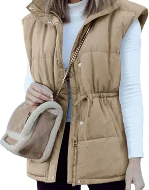 ELLEVEN Beige Puffer Vest with Waist Fit Tan Size M thumbnail 1