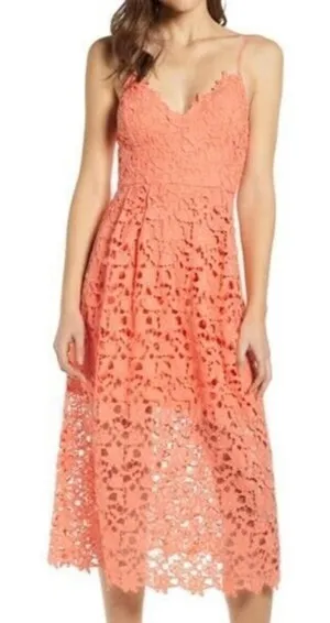 ASTR the Label Size S Dress Lace A Line Midi Wedding Guest Coral Lined V-neck‎ thumbnail 1