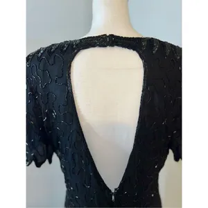 100% Silk Vintage Women’s Black Beaded Open Back MIDI Dress LARGE thumbnail 7