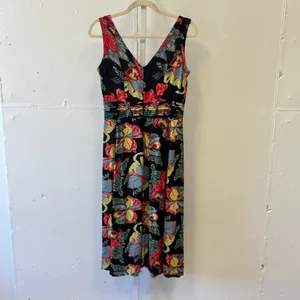 Vintage Kamellia by P.R. Tropical Floral V-Neck Smocked‎ Waist Midi Dress Small thumbnail 2
