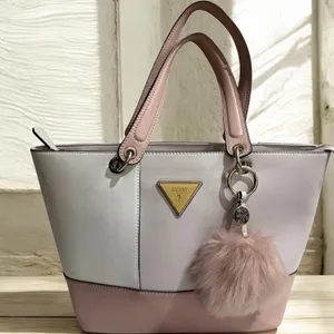 Guess Blush & Cream Colorblock Tote Bag Gold Logo Charm Pom Pom Large thumbnail 5