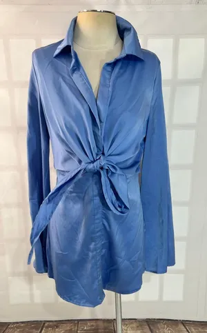 Hello Molly Blue New Perspective Satin Long Sleeve Mini Shirt Dress Size Medium thumbnail 1
