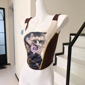 Cat Rose Print Corset Tank Top Color Block Square thumbnail 3