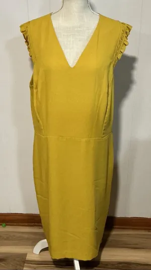 Ann Taylor Mustard Yellow V-Neck Midi Dress with Ruffle Cap Sleeves thumbnail 1
