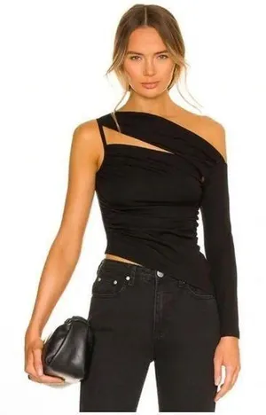 size S Black One-Shoulder Top bandage cutout bodycon nwt thumbnail 1