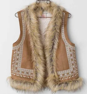 Flying Tomato Brown With white Embroidery Aztec faux fur sleeveless Vest Size M #boho #cottagecore #western #indie #hippie thumbnail 1